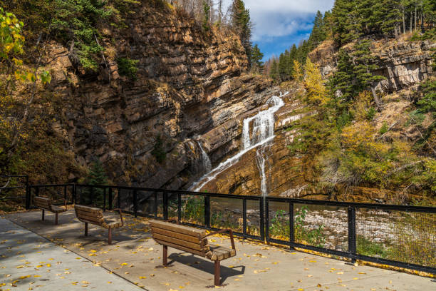 Cameron falls in autumn sunny day morning.