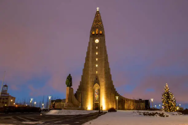 Photo of Christmas time in Reykjavik, scenic view of Hallgrimskirkja church in dusk