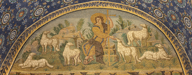 Ravenna - The mosaic of Jesus as the Good Shepherd  in the Mausoleo di Galla Placidia from the 5. cent.