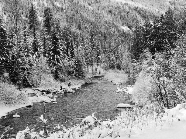 Black and white view of the Entiat River after an early snowfall in the fall of 2020.