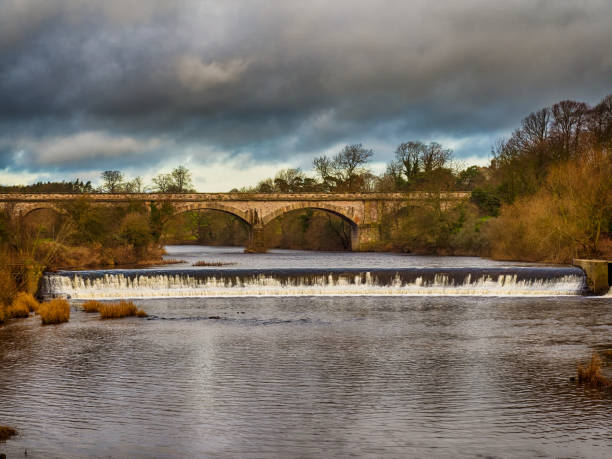 Weir on River Wharfe and disused railway viaduct, Tadcaster, North Yorkshire, England, Britain Looking upstream along river over weir river wharfe stock pictures, royalty-free photos & images