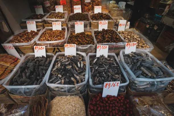 sea cucumber and ohter dried food for sale on market -
