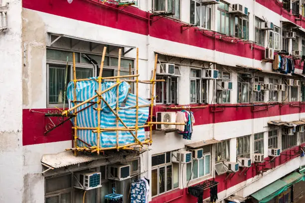 Photo of Bamboo pole scaffolding on building construction site