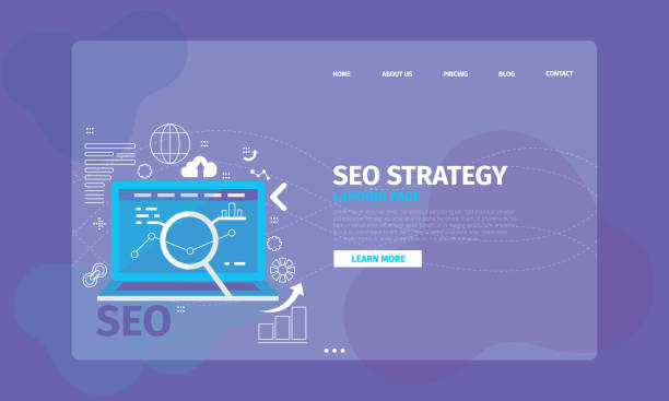 SEO strategy landing page. Concept of web page template with computer and search icon. vector art illustration