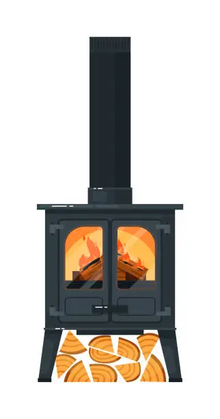 Vector illustration of Cast iron mantel with burning firewood inside