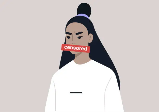 Vector illustration of Young angry female Asian character expressing their emotions with swearwords, insulting words concept