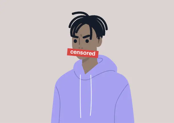 Vector illustration of Young angry male Black character expressing their emotions with swearwords, insulting words concept