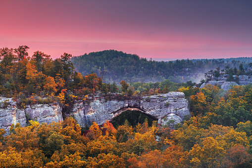 Daniel Boone National Forest, Kentucky, USA at the Natural Arch at dusk in autumn.
