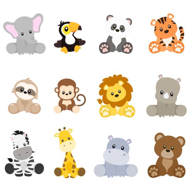 stockillustraties, clipart, cartoons en iconen met jungle dieren zittend vector set op wit - speelgoedbeest
