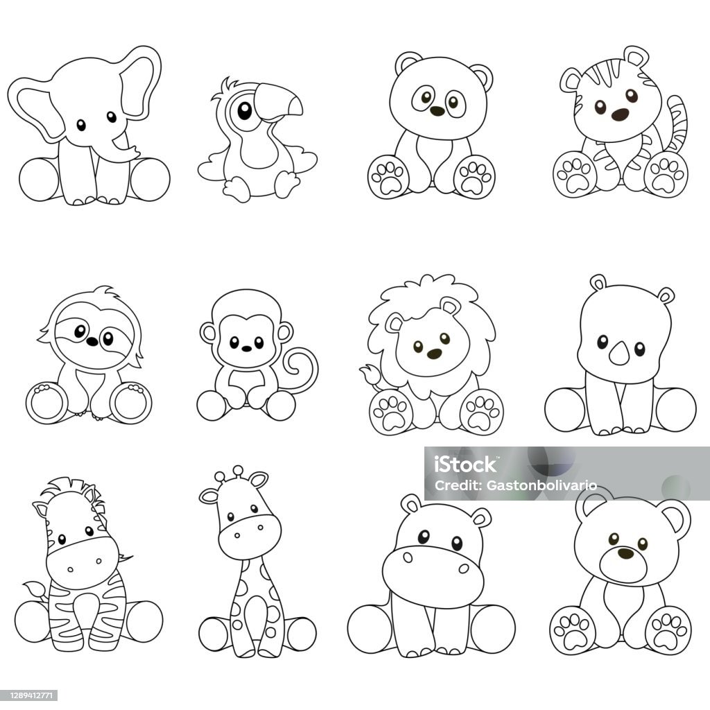 Outlines Of Jungle Animals Sitting Vector Set On White Stock Illustration -  Download Image Now - iStock