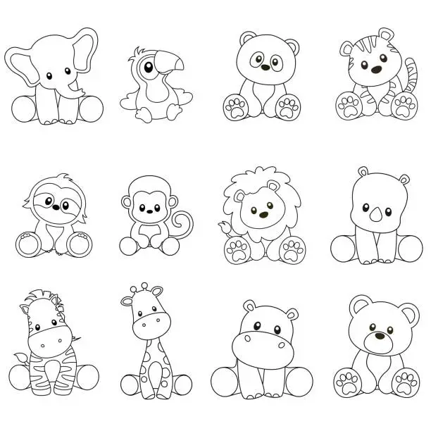Vector illustration of Outlines of Jungle Animals Sitting Vector Set on White
