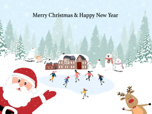 Vector illustration of Merry Christmas and Happy New Year 2021 greeting card, Cute cartoon Winter landscap with people and polar bear celebration in the park on Christmas night or New year eve with  Santa cluse and reindeer