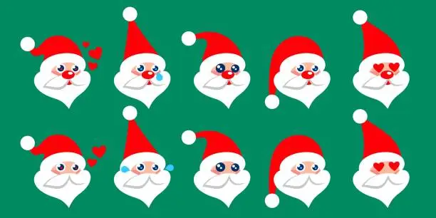 Vector illustration of Ten Kawaii Vector Cartoon Flat Santa Claus Emoji Set. Christmas Theme Character Design Elements Isolated