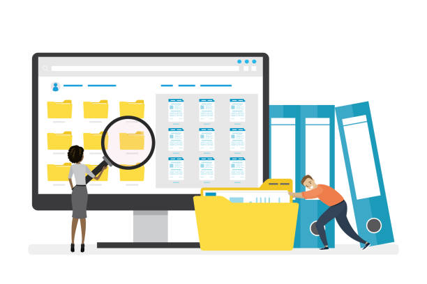 Monitor display with yellow folders, documents and media content. Office clerks or employees searching and indexing files. Monitor display with yellow folders, documents and media content. Office clerks or employees searching and indexing files. File manager, data storage. Teamwork. Files search. Vector illustration file clerk stock illustrations