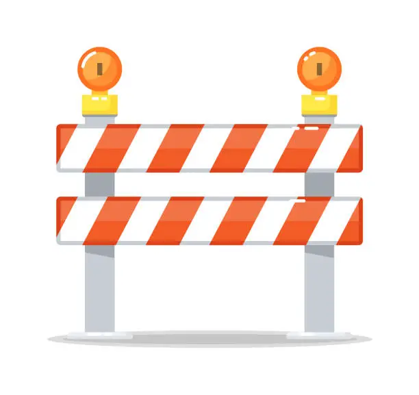 Vector illustration of Striped road barrier with warning light lamp on white