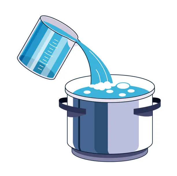 Vector illustration of Pouring water into saucepan with boiling water