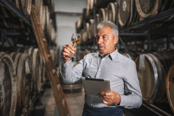 Senior sommelier testing aged whiskey in aged cellar. Side view of senior sommelier testing aged whiskey in cellar. whisky cellar stock pictures, royalty-free photos & images