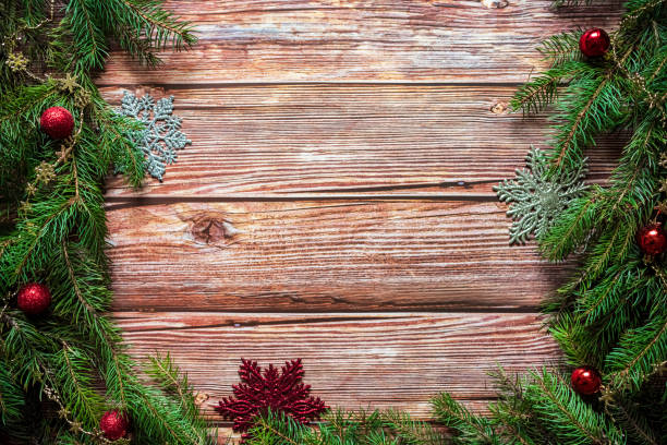 istock Christmas composition on wooden background 1289424216
