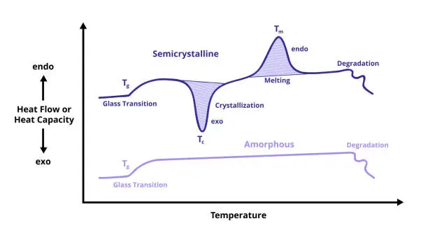 Vector illustration of DSC curve, differential scanning calorimetry. Amorphous and semicrystalline polymer analysis.