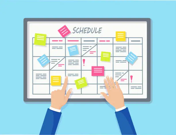 Vector illustration of Planning schedule on task board concept. Planner, calendar on whiteboard. List of event for employee. Teamwork, collaboration, business time management concept