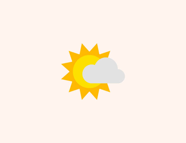 ilustrações, clipart, desenhos animados e ícones de ícone vetorial sun atrás de pequena nuvem. isolado sunny cloudy weather símbolo colorido - vector - spring clear sky night summer