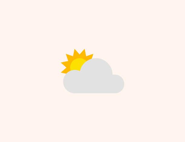 ilustrações, clipart, desenhos animados e ícones de ícone do vetor do tempo nublado ensolarado. sol isolado atrás de nuvem símbolo de cor plana - vetor - spring clear sky night summer