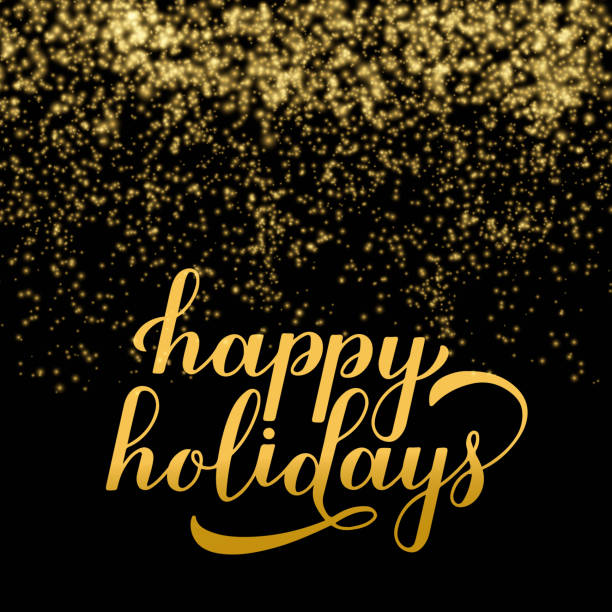 istock Happy Holidays calligraphy hand lettering on shiny gold sparkles background. Merry Christmas and Happy New Year typography poster. Vector template for greeting card, invitation, banner, flyer, etc 1289429698