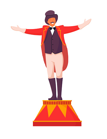 Circus ceremony master on pedestal on white background