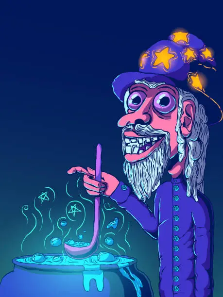 Vector illustration of Hand-drawn cartoon funny illustration - Wizard brews a potion.