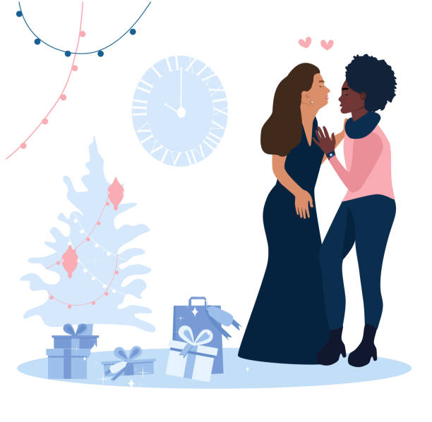 Two girls are hugging and celebrating New year. Interracial lesbian couple. Homosexual family.Christmas tree with garland and gift boxes in blue color flat style. Postcard with winter holidays. diverse family christmas stock illustrations