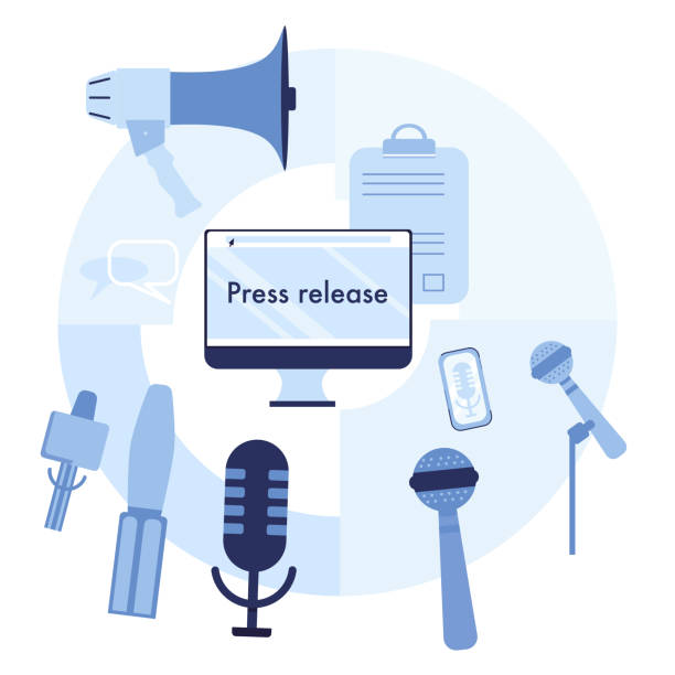 ilustrações de stock, clip art, desenhos animados e ícones de press release infographic elements.microphones and recorders for taking interview.breaking news and public relations.digital marketing for business.journalism and broadcasting. - press release