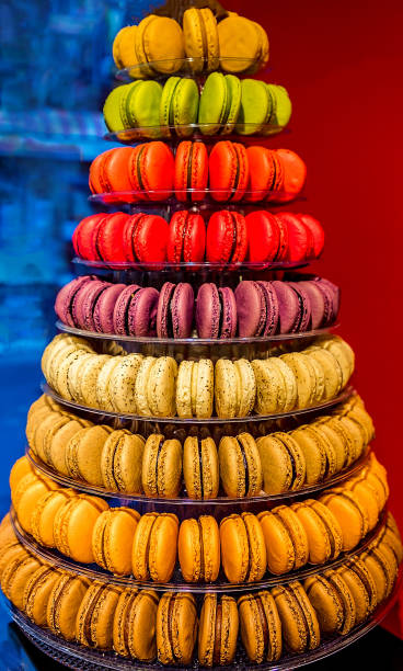 colored macaroon cakes laid out a slide cool plan close up