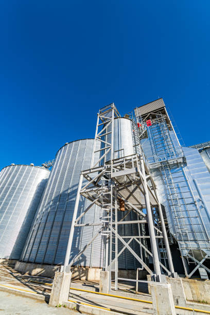 istock Tanks and agricultural silos of grain elevator storage. Loading facility building exterior. View from below. 1289432939