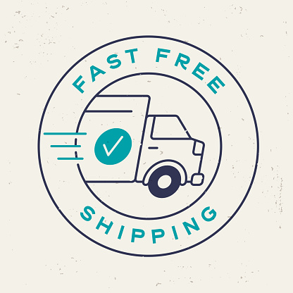 Fast free shipping semi-truck delivering merchandise online shopping e-commerce product stamp symbol sign design.