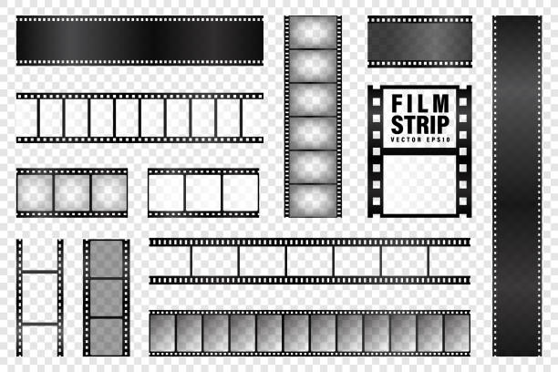 사실적인 필름 스트립 컬렉션. 오래된 복고풍 영화 영화 스트립. 벡터 그림입니다. 비디오 녹화 - shape black and white star shape nobody stock illustrations