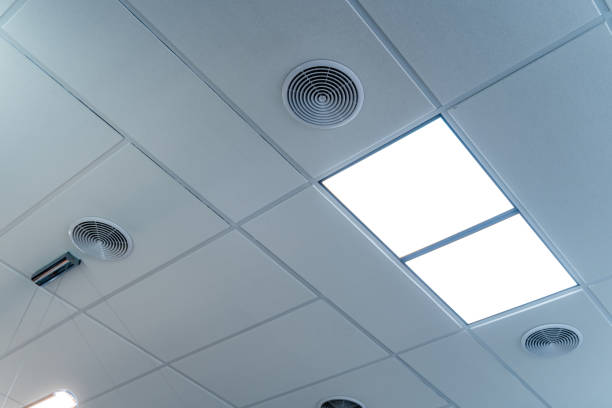 istock White office ceiling with built-in fluorescent lamp. Two led lamps on the celing. 1289436778
