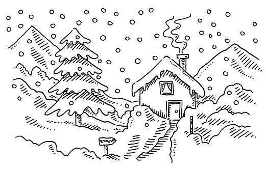 Hand-drawn vector drawing of a Winter Landscape with a Fir Tree And a Small Home. Black-and-White sketch on a transparent background (.eps-file). Included files are EPS (v10) and Hi-Res JPG.