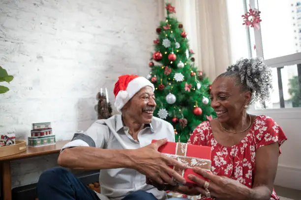 senior couple celebrating christmas at home with christmas present