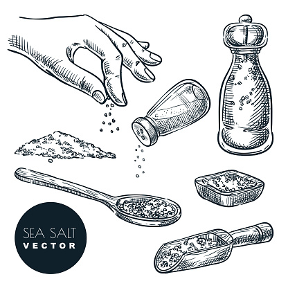 Sea salt sketch vector illustration isolated on white background. Natural ingredient, seasoning spice. Hand drawn design elements.