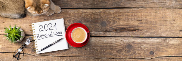 istock New year resolutions 2021 on desk. 2021 resolutions with notebook, cute cat, coffee cup, eyeglasses, succulent on wooden background. Goals, plan, strategy, list, idea, cozy home concept 1289440916