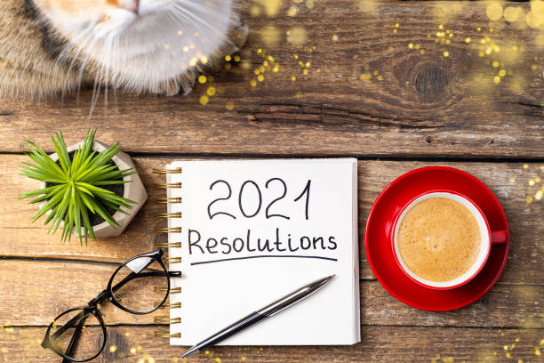 istock New year resolutions 2021 on desk. 2021 resolutions with notebook, cute cat, coffee cup, eyeglasses, succulent on wooden background. Goals, plan, strategy, list, idea, cozy home 1289440957