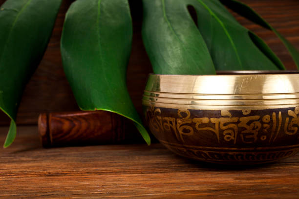 istock Tibetan singing bowl with monstera leaf 1289442087