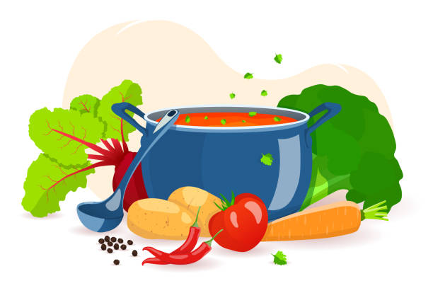 patelnia z zupą, kadzią i warzywami. przepisy kulinarne, domowe jedzenie, koncepcja przygotowania żywności. - zupa jarzynowa stock illustrations