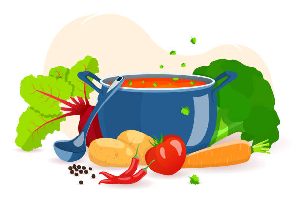 Pan with soup, ladle and vegetables. Recipes, homemade food, food preparation concept. Pan with soup, ladle and vegetables. Recipes, homemade food, food preparation concept. Isolated vector illustration for flyer, poster, banner. vegetable soup stock illustrations