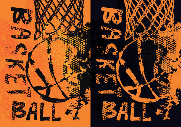 Set of vector designs for basketball. Grunge style, hoop with the ball. Sports poster template. Hand drawing. Designs for basketball. Grunge style. Hand drawing. basketball ball illustrations stock illustrations