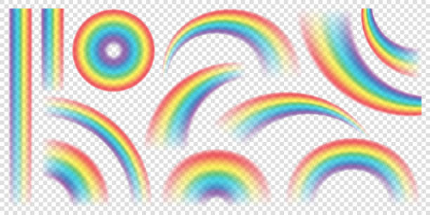 ilustrações, clipart, desenhos animados e ícones de arco-íris colorido realista abstrato em fundo transparente. ilustração vetorial - light waving rainbow vector