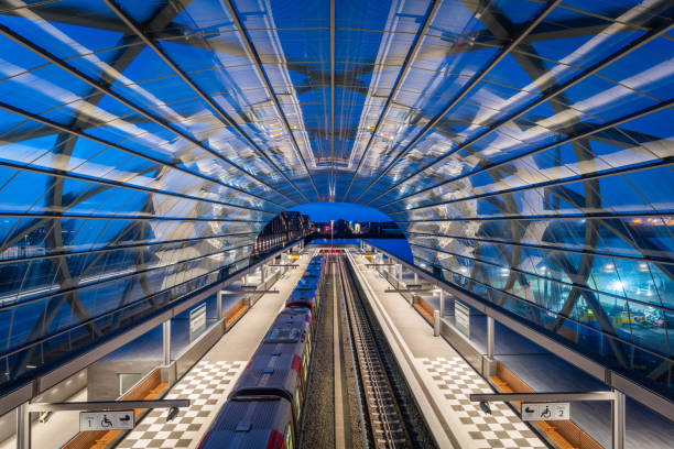 Hamburger train station with modern architecture - S-Bahn Elbbrücken stock photo