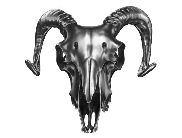 Photo of 3D render of Metalic Ram Skull isolated on white background