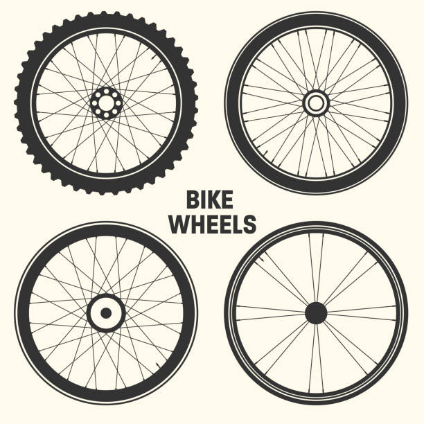 bicycle wheel symbol vector illustration. bike rubber mountain tyre, valve. fitness cycle, mtb, mountainbike - speichen stock-grafiken, -clipart, -cartoons und -symbole