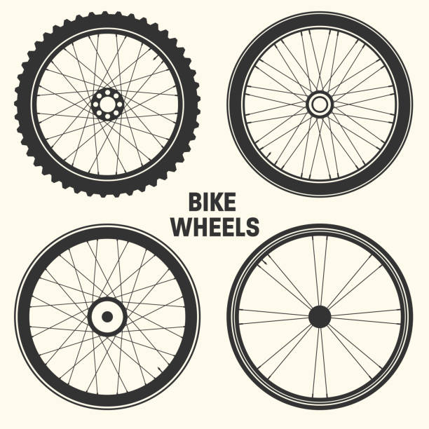 ilustraciones, imágenes clip art, dibujos animados e iconos de stock de ilustración vectorial de símbolo de rueda de bicicleta. neumático de montaña de goma para bicicletas, válvula. ciclo de fitness, mtb, bicicleta de montaña - mountain bike